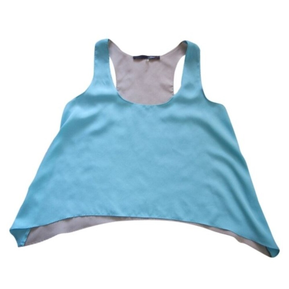 SUGARLIPS Aqua + Taupe Color block Cropped Tank Top S 4 6 Asymmetrical Hem Swing
